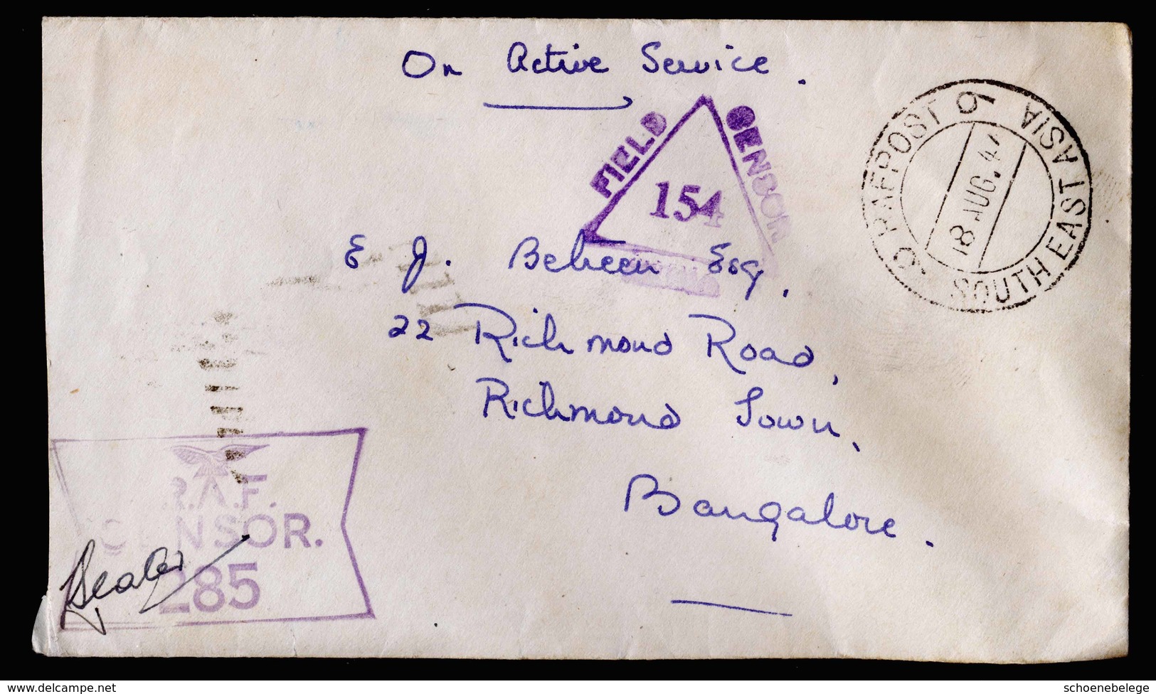 A5982) UK India Fieldpost Airforce Cover 08/18/44 To Bangalore With 2 Censorship - 1936-47 Roi Georges VI