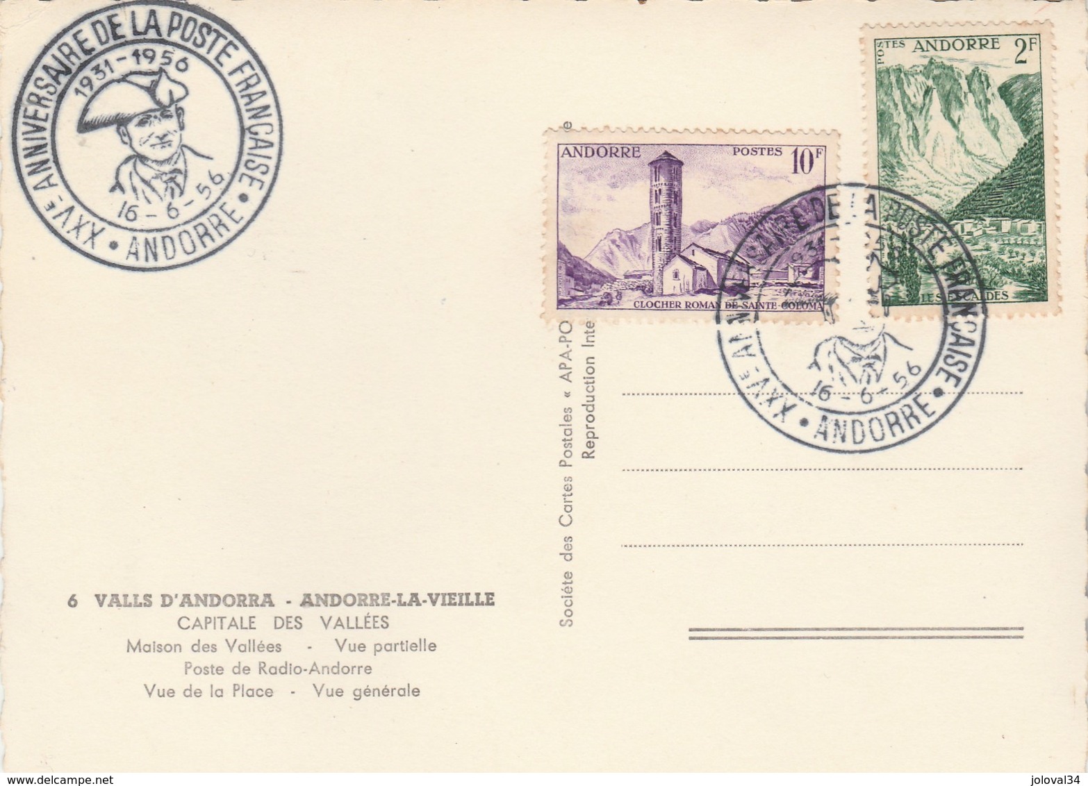 Andorre Cachet XXV è Anniversaire De La Poste Française 16/6/1956 Sur Carte Postale Record D' Andorra Multivues - Covers & Documents