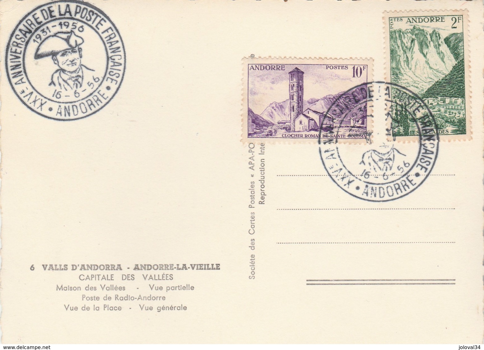 Andorre Cachet XXV è Anniversaire De La Poste Française 16/6/1956 Sur Carte Postale Record D' Andorra Multivues - Lettres & Documents