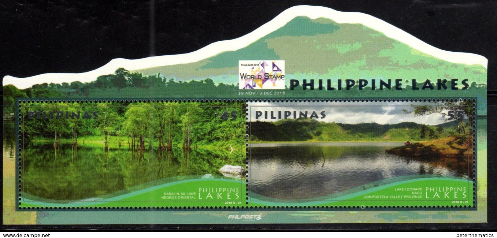 PHILIPPINES, 2018, MNH, PHILIPPINE LAKES, MOUNTAINS, LANDSCAPES,, THAILAND EXHIBITION OVERPRINT, MOUNTAIN-SHAPED S/SHEET - Other & Unclassified