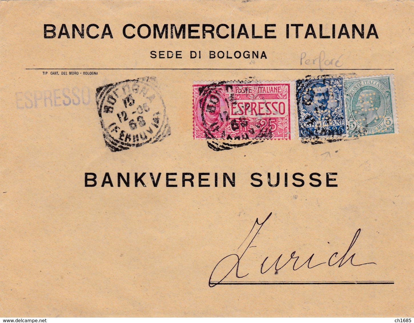 ITALIE  :  Victor Emmanuel Perforés BCI  Sur Lettre Par Express Pour La Suisse - Storia Postale