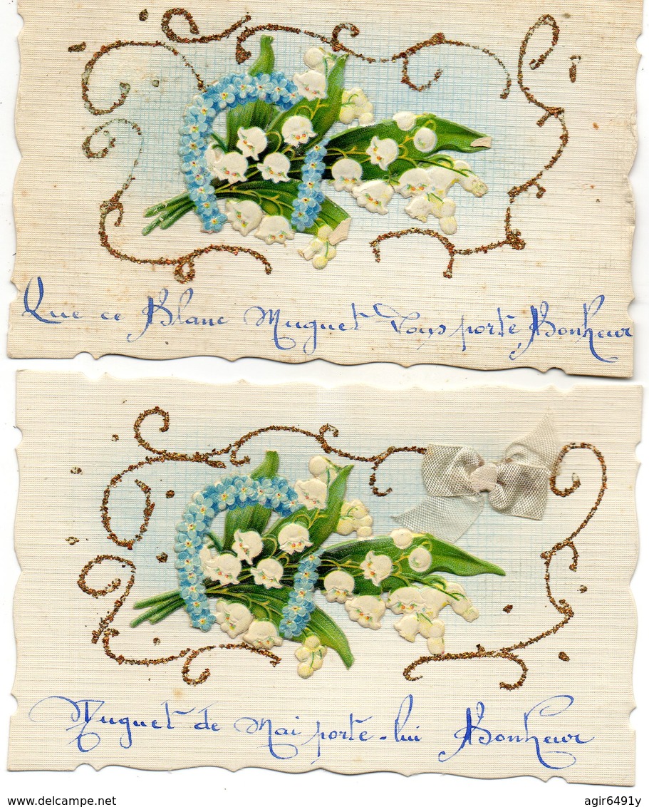 - Belle FANTAISIE  - Ajoutis Collés, Muguet Porte Bonheur (LOT De 2 CPA)   -19089- - A Systèmes