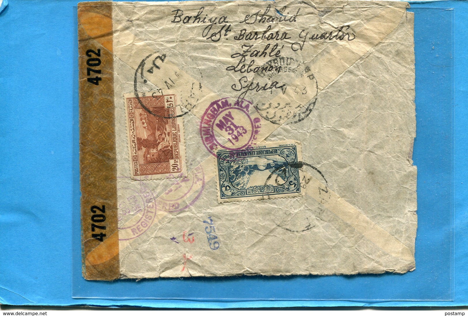 Marcophilie GUERRE 39-45-Lettre REC-cad ZAHLE-cad 1943 Censurée -pour USA - Siria