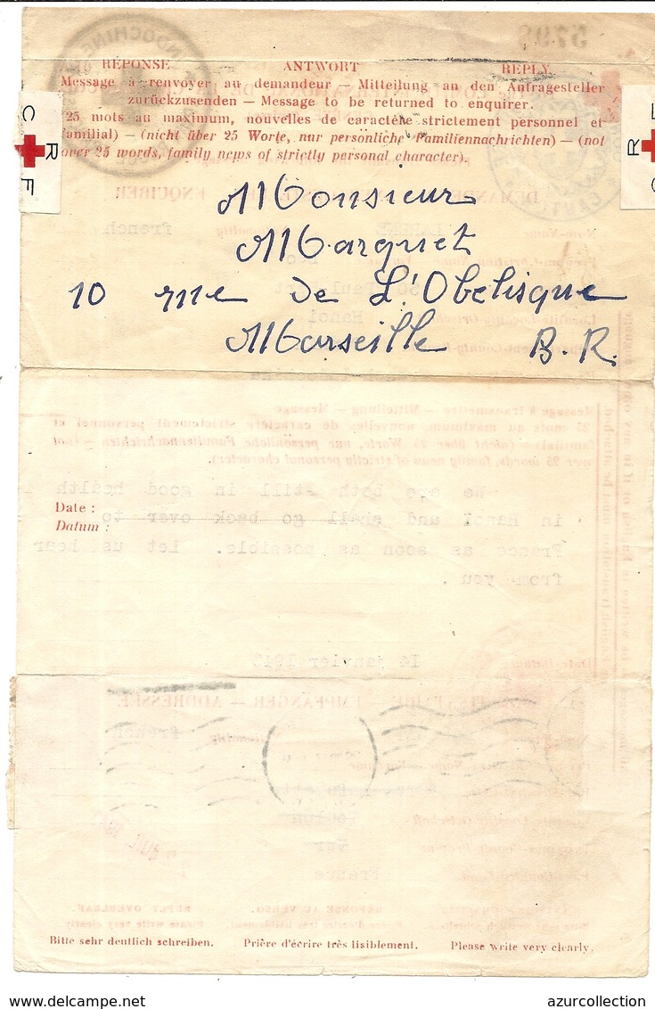 CROIX ROUGE . RARE LETTRE DEPART INDOCHINE EN 1943 . ADRESSE A JEAN MARQUET ECRIVAIN SUR L'INDOCHINE - Lettres & Documents