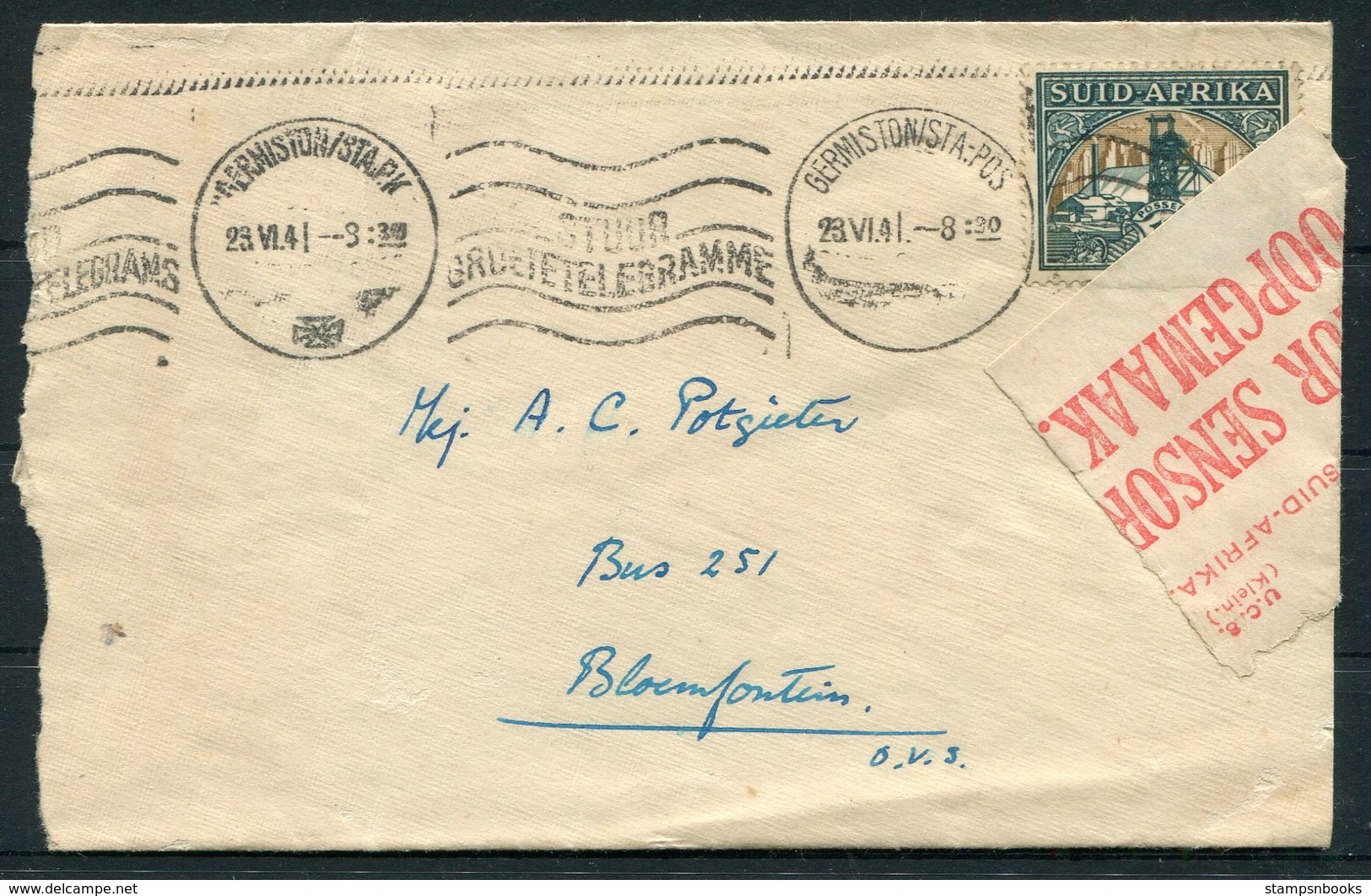 1941 South Africa Germiston Sta. Censor Label Cover - Bloemfontein - Covers & Documents