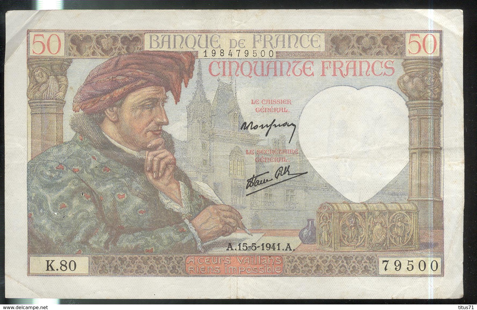 Billet 50 Francs France Jacques Coeur 15-5-1941.A. - 50 F 1940-1942 ''Jacques Coeur''