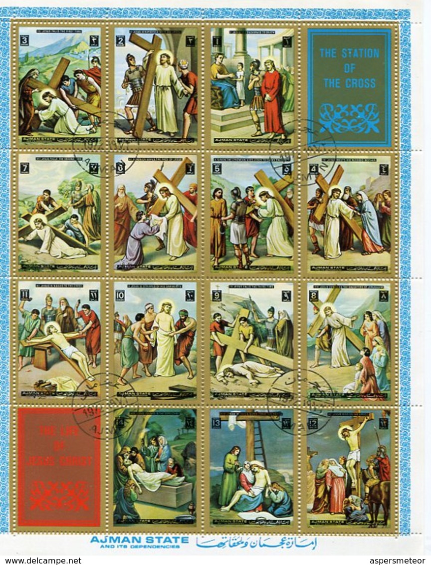 THE LIFE OF JESUS CHRIST - AJMAN MICHEL 2965 / 2978 FEUILLET COMPLETE SERIE OBLITERES AÑO 1972 USED - LILHU - Christendom