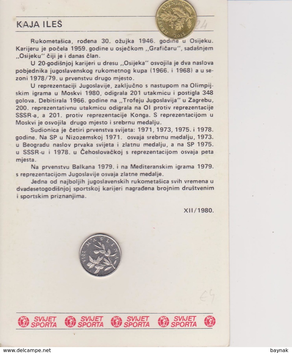 TH2124  ~~  KAJA ILES  ~ YUGOSLAVIA, CROATIA, OSIJEK  ~~   SVIJET SPORTA CARD - Pallamano