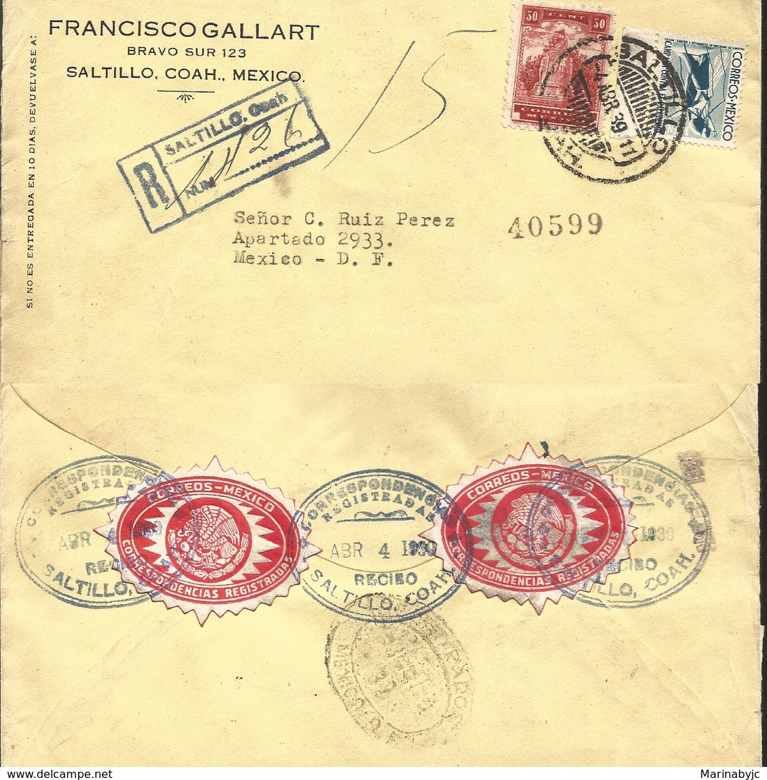 J) 1939 MEXICO, MONUMENT TO THE HEROIC CADETS, CAMPAIN AGAINST MALARIA, MULTIPLE STAMPS, REGISTERED, AIRMAIL, CIRCULATED - Messico