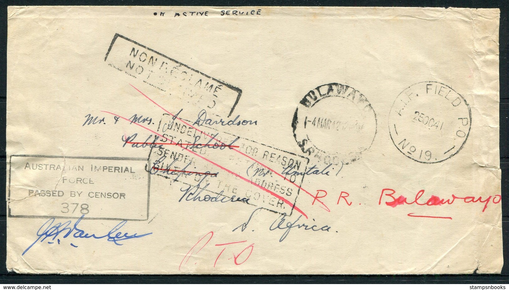 1941 Australian Forces A.I.F. Field Post Office, Censor Cover. Rhodesia Bulawayo Cripinga Unclaimed Redirected - Covers & Documents