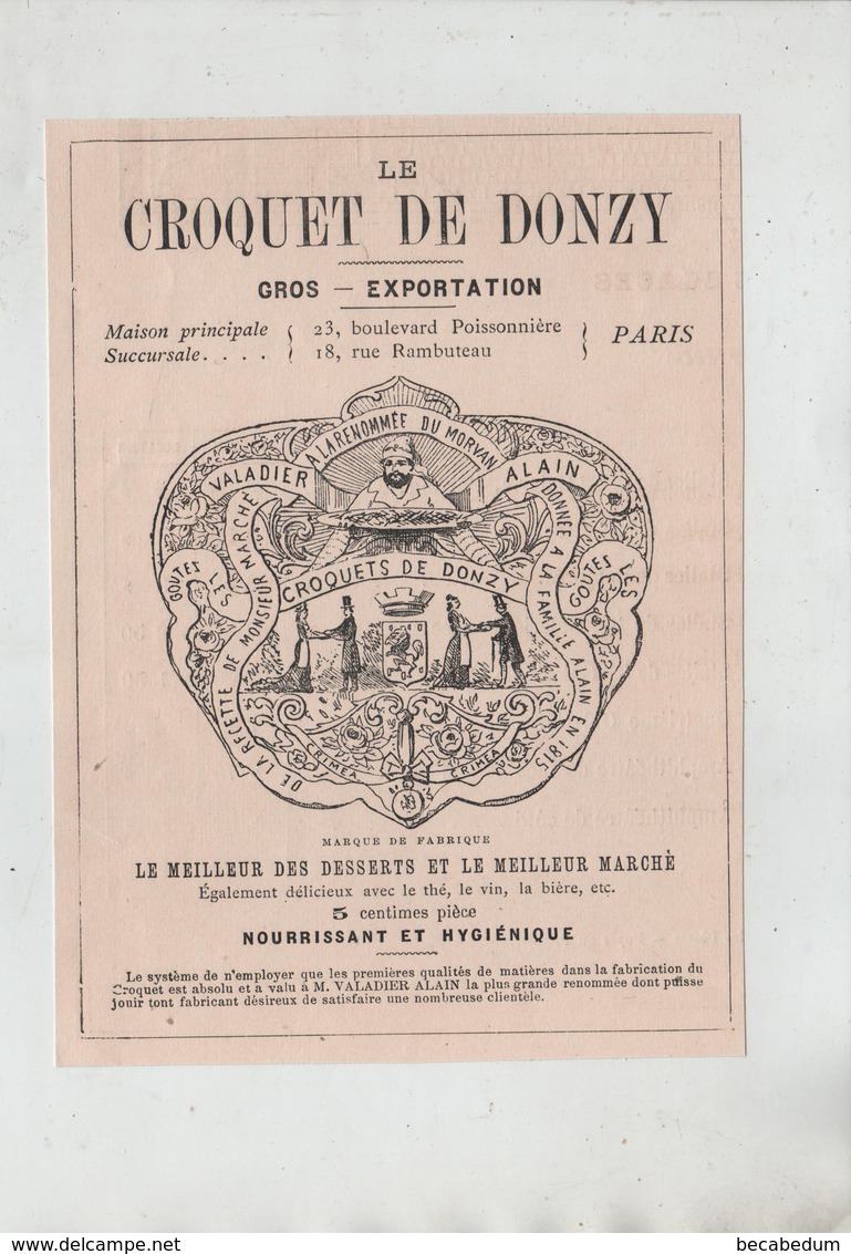 Publicité 1879 Le Croquet De Donzy Valadier Dessert Nourrissant Hygiénique Paris - Werbung