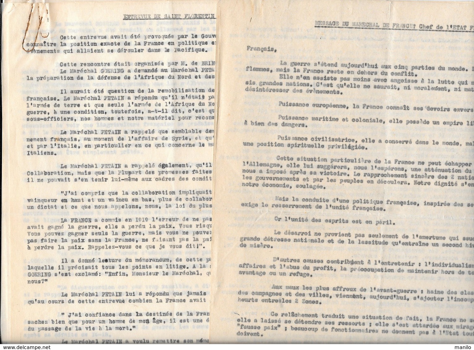 2 Documents MESSAGE Du MARECHAL De FRANCE Paru Au J.O. 4/1/1942 & ENTREVUE DE ST FLORENTIN 1/12/1941 PETAIN,GOERING - Documentos Históricos