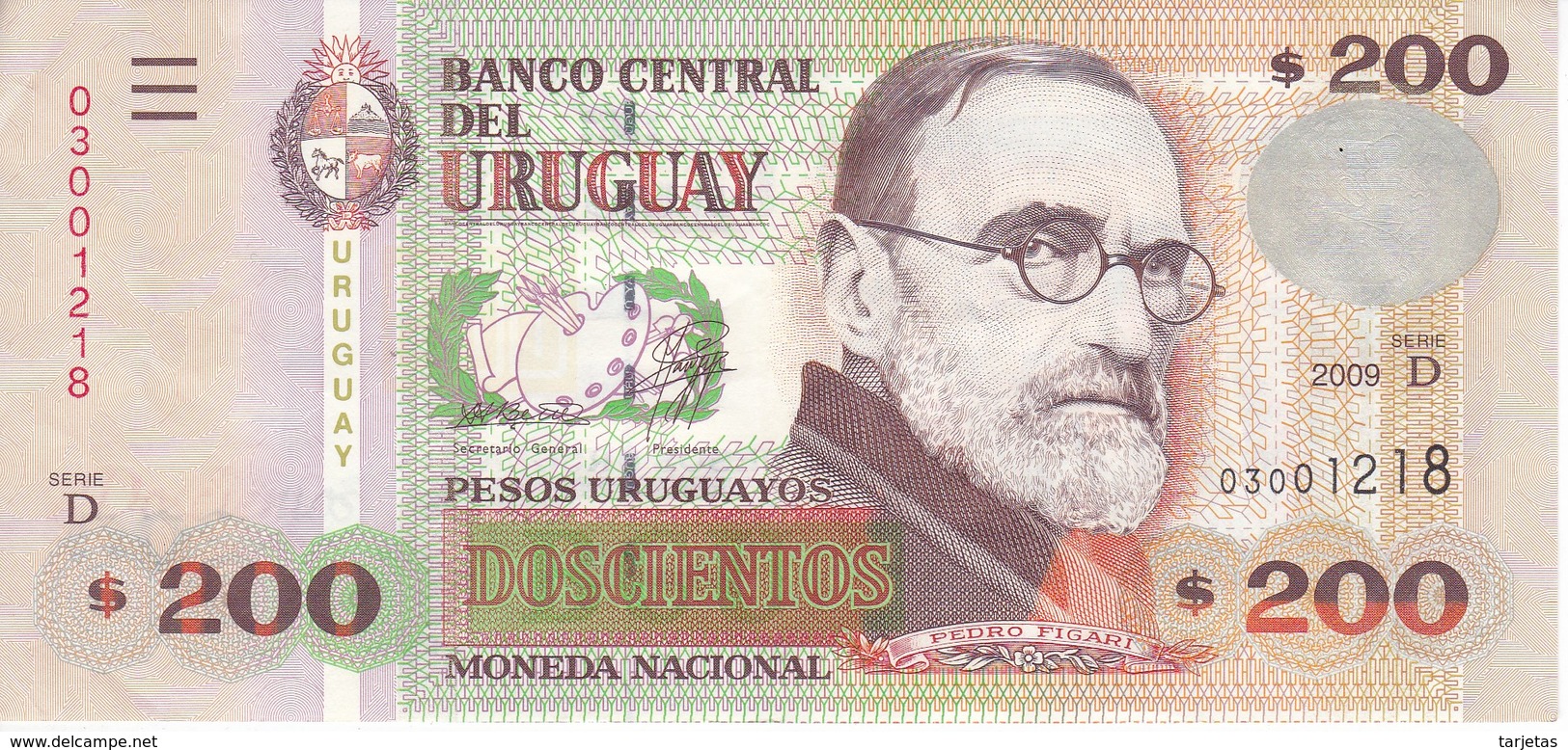 BILLETE DE URUGUAY DE 200 PESOS DEL AÑO 2009 EN CALIDAD EBC (XF) (BANKNOTE) - Uruguay