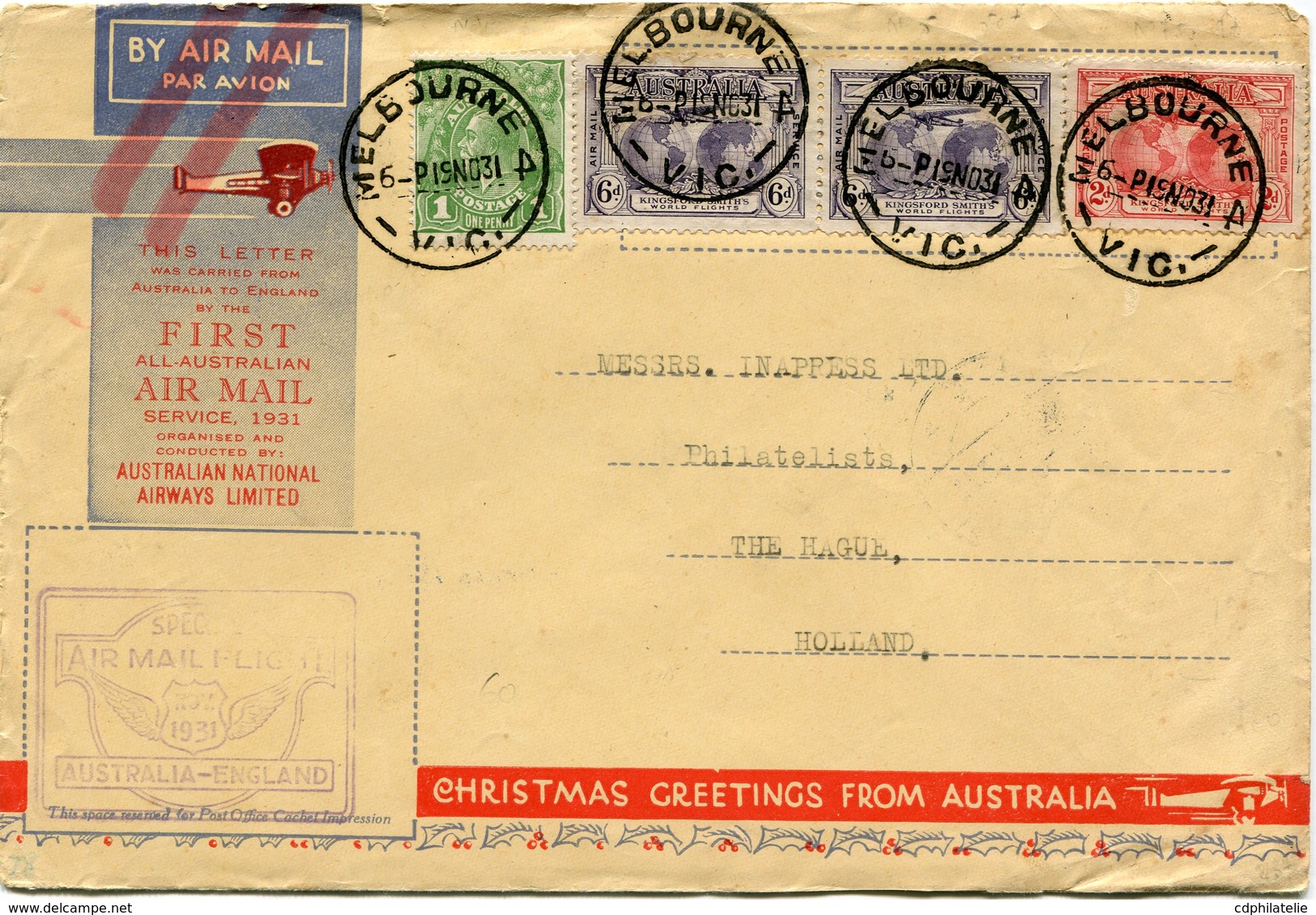 AUSTRALIE LETTRE PAR AVIO...FIRST ALL AUSTRALIAN AIR MAIL SERVICE 1931.... DEPART MELBOURNE 6 PISN031 POUR LES PAYS-BAS - Covers & Documents