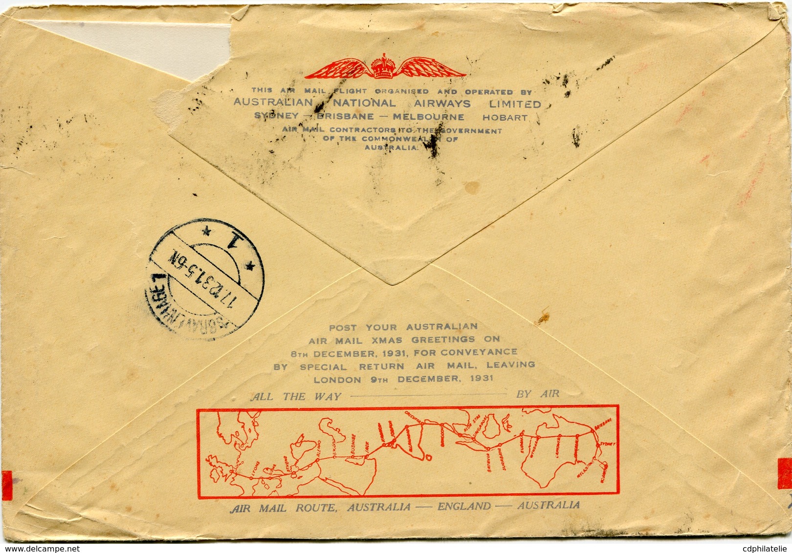 AUSTRALIE LETTRE PAR AVIO...FIRST ALL AUSTRALIAN AIR MAIL SERVICE 1931.... DEPART MELBOURNE 6 PISN031 POUR LES PAYS-BAS - Storia Postale