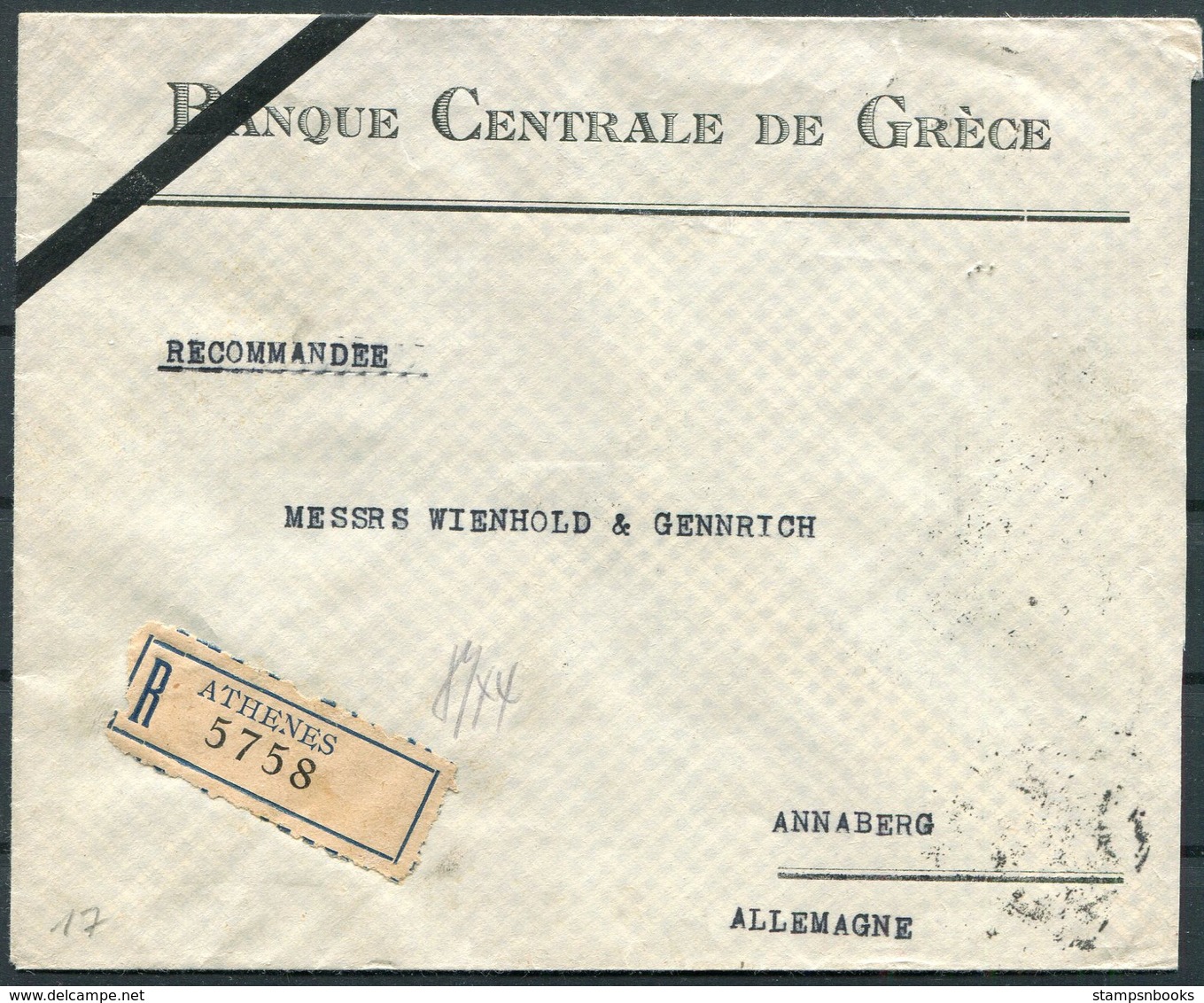 1931 Greece Athens Registered Bank Cover. Banque Centrale De Grece - Annaberg Germany - Covers & Documents