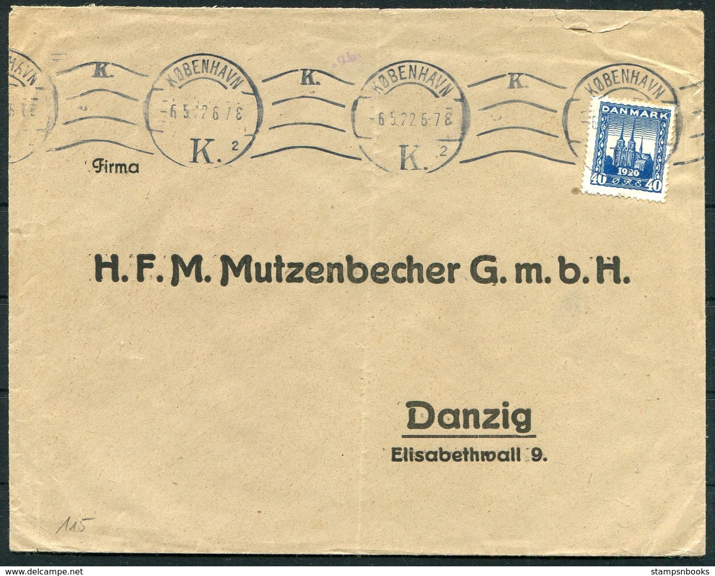 1922 Denmark 40 Ore Reunion Copenhagen Danske Retro Cover - Danzig - Lettres & Documents