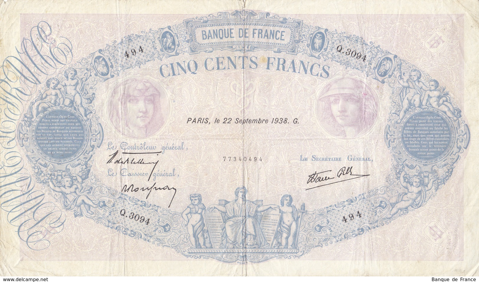 Billet 500 F Bleu Et Rose Du 22 Septembre 1938 FAY 31.20 Alph. Q.3094 - 500 F 1888-1940 ''Bleu Et Rose''