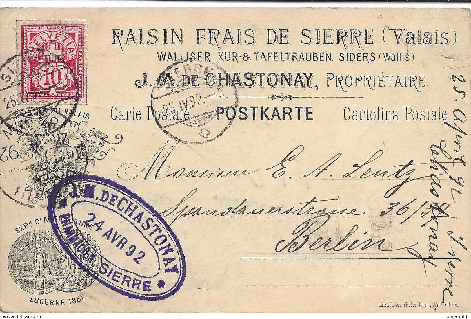 SIERRE 1892 Carte Litho Illustrée RAISIN FRAIS DE SIERRE, CHASTONAY, Type Chiffre, Lettre Pour Berlin,  WALLIS, VALAIS. - Marcofilia