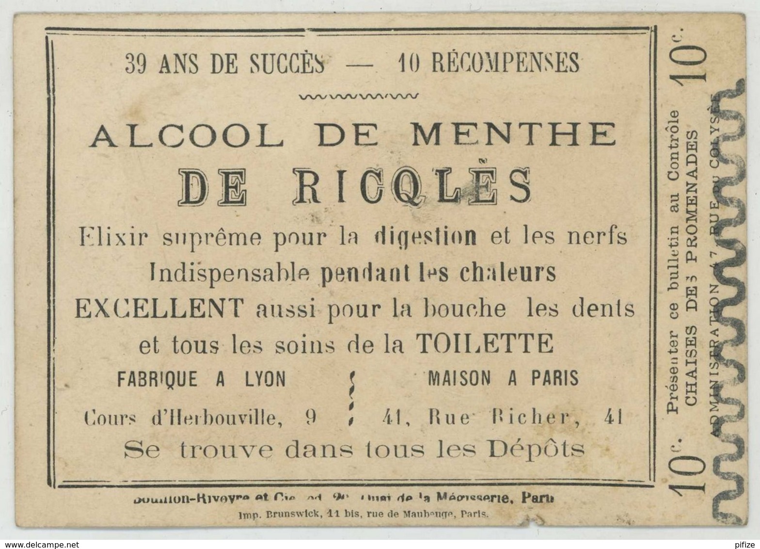 Chromo Alcool De Menthe De Ricqlès . Ticket De Chaise . Chaises Des Promenades . - Autres & Non Classés