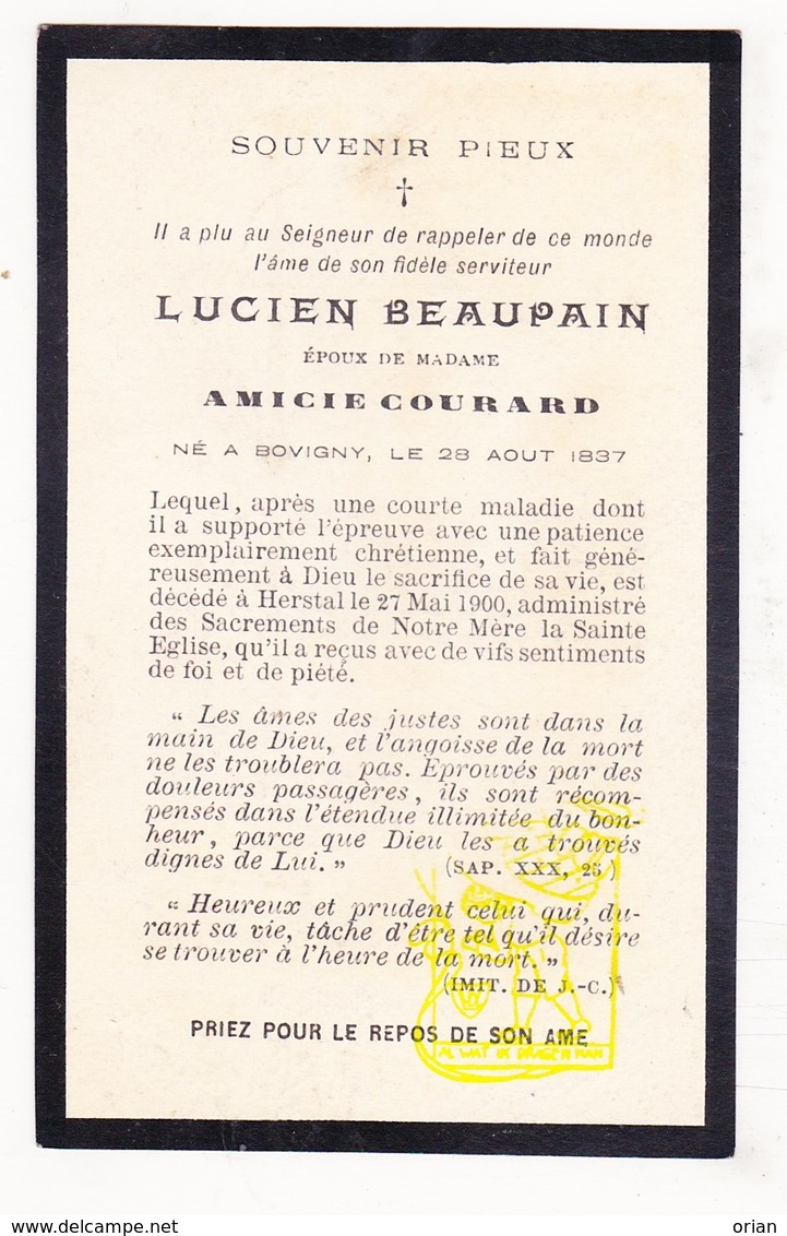 DP Im. Mort. - Lucien Beaupain / Thul ° Cierreux Bovigny Gouvy 1837 † Herstal 1900 X Amicie Courard - Images Religieuses