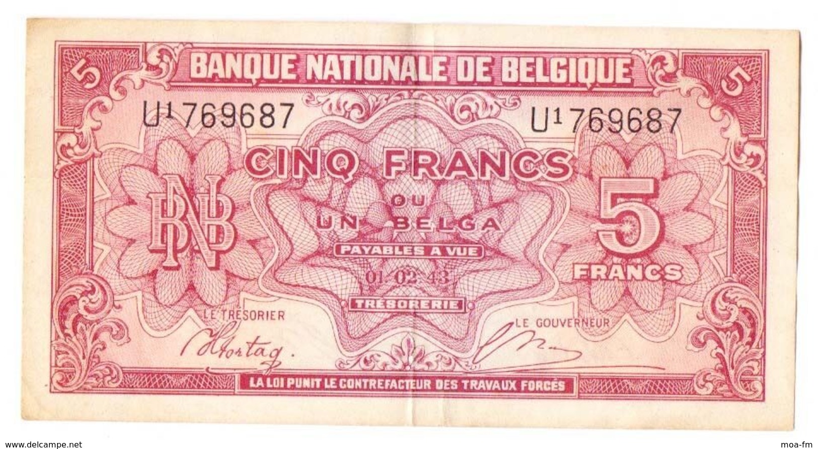 Belgique - 5 Francs / 1 Belga Type 1943 - 5 Francs-1 Belga