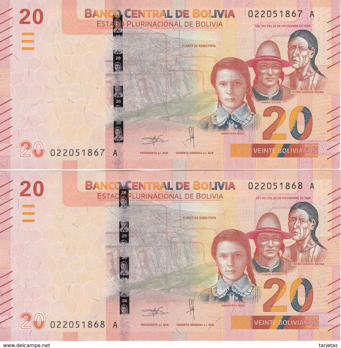 PAREJA CORRELATIVA DE BOLIVIA DE 20 BOLIVIANOS DEL AÑO 2018 SIN CIRCULAR-UNCIRCULATED (BANKNOTE) COCODRILO - Bolivia