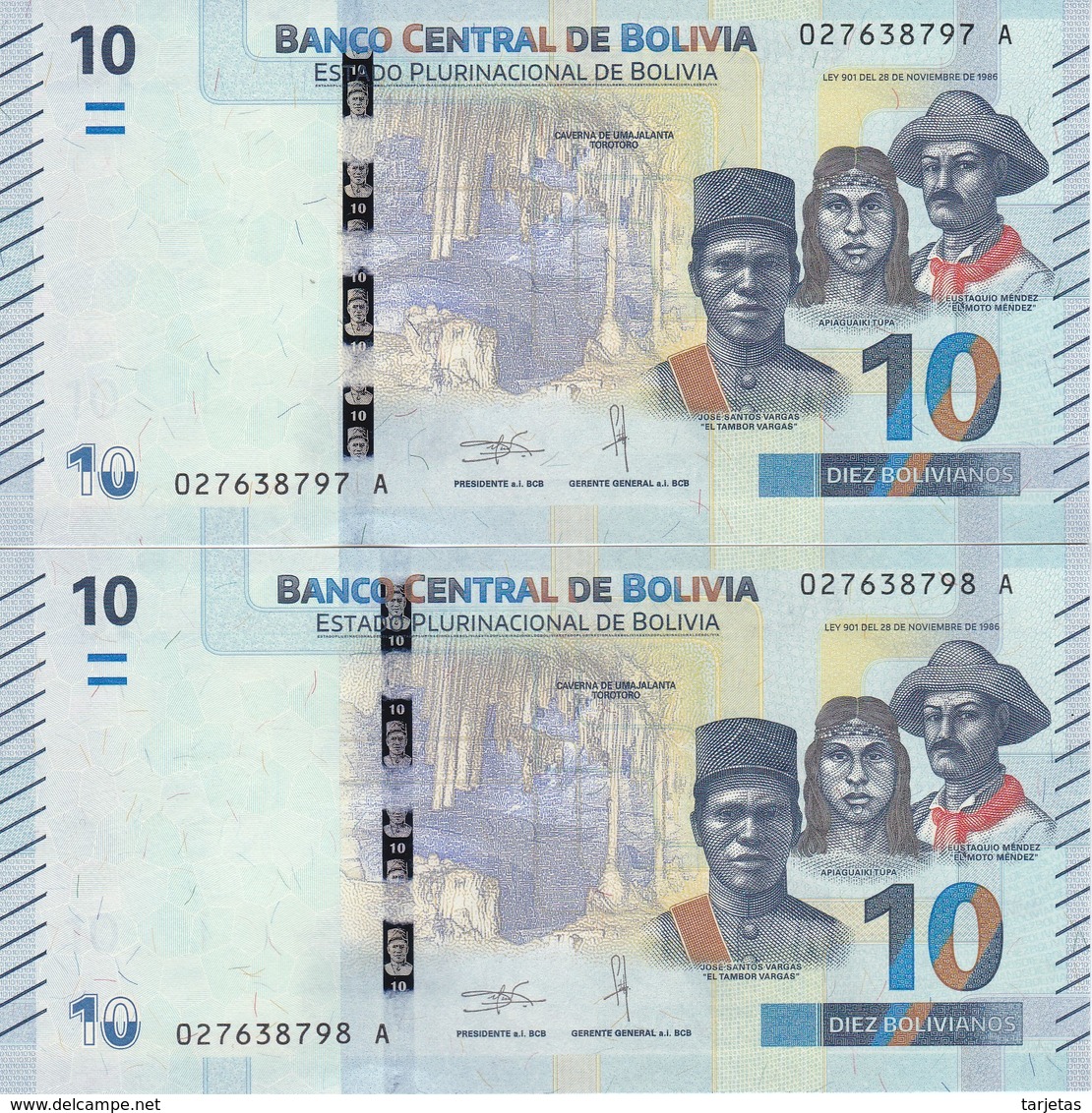 PAREJA CORRELATIVA DE BOLIVIA DE 10 BOLIVIANOS DEL AÑO 2018 SIN CIRCULAR-UNCIRCULATED (BANKNOTE) COLIBRI - Bolivie