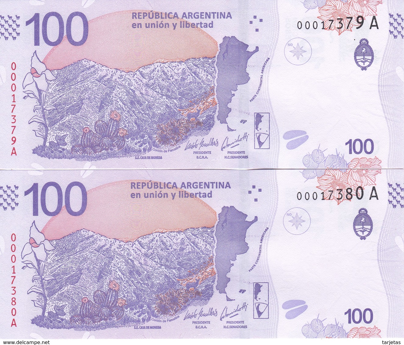 PAREJA CORRELATIVA DE ARGENTINA DE 100 PESOS DE UN CIERVO SIN CIRCULAR - UNCIRCULATED (BANKNOTE) - Argentina