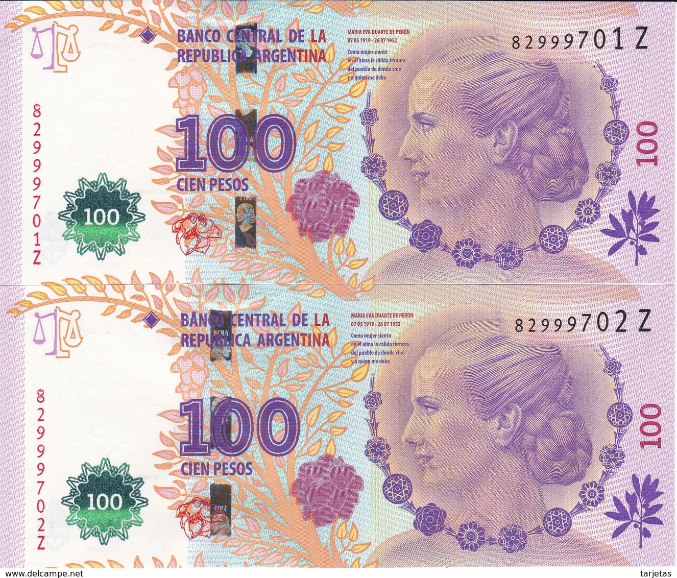 PAREJA CORRELATIVA DE ARGENTINA DE 100 PESOS DE EVA PERON SIN CIRCULAR - UNCIRCULATED (BANKNOTE) - Argentine