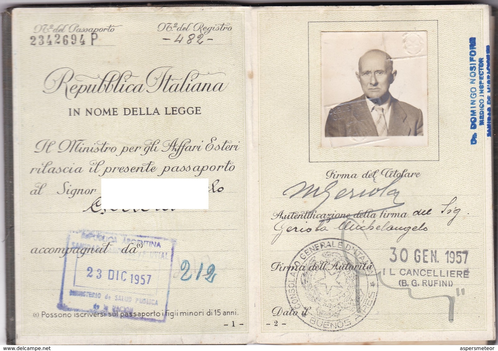 ITALIAN MASCULINO MALE YEAR 1957 PASAPORTE PASSPORT REISEPASS PASSAPORTO - BLEUP - Documenti Storici