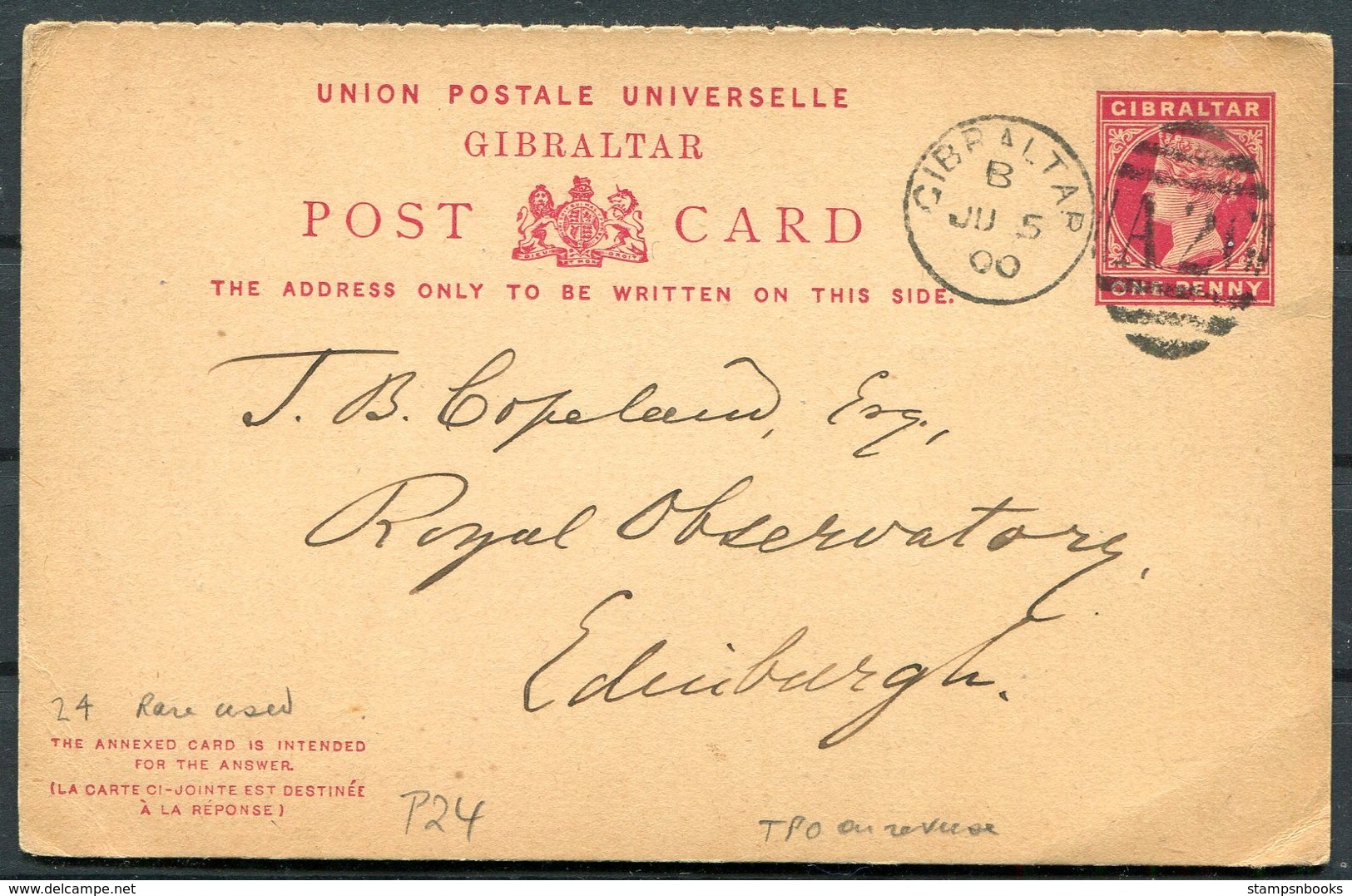 1900 Gibralar Reply Stationery Royal Hotel - Royal Observatory, Edinburgh. Edinburgh & Newcastle Sorting Tender TPO - Gibraltar