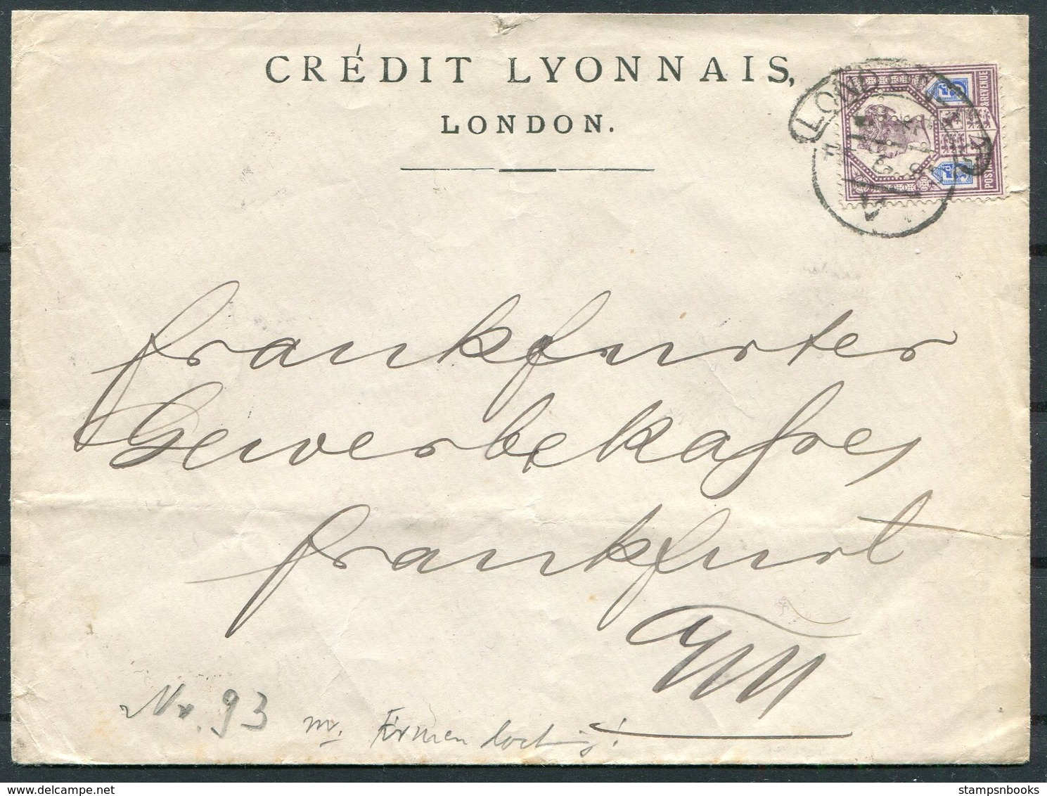 1895 GB Credit Lyonnais Bank London Perfin Cover - Frankfurt Germany - Covers & Documents