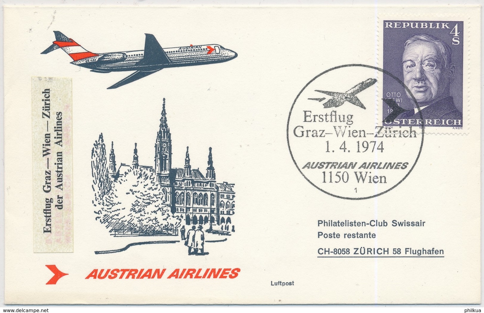 Erstflug Austrian Airlines - Graz Wien Zürich - Stempel Wien - Erst- U. Sonderflugbriefe