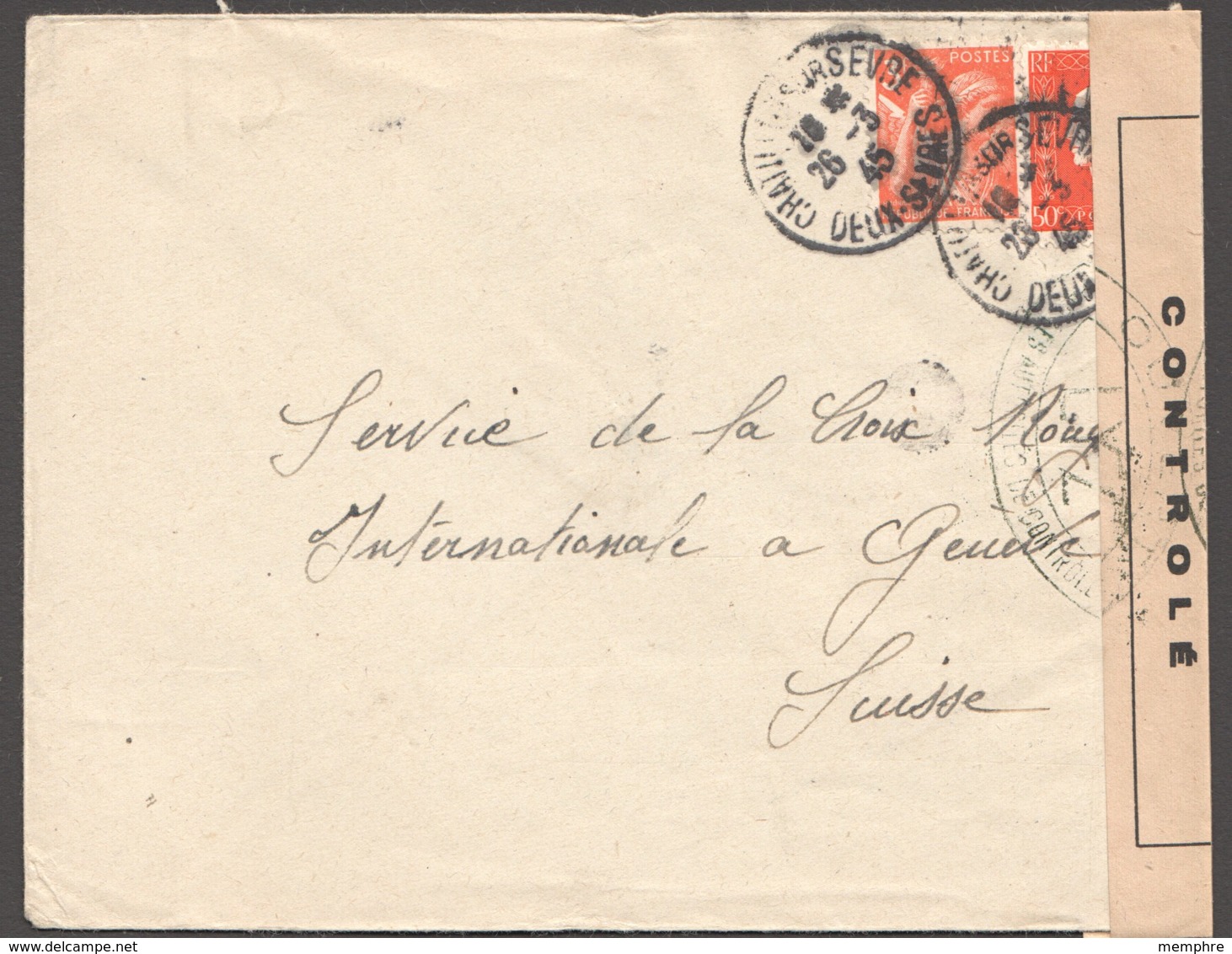 1945  Lettre Pour La Suisse Dulac 0,50fr Yv 685, Iris 3fr Yv 655 - Contrôle LYZ (Lyon) - 1944-45 Marianne Of Dulac