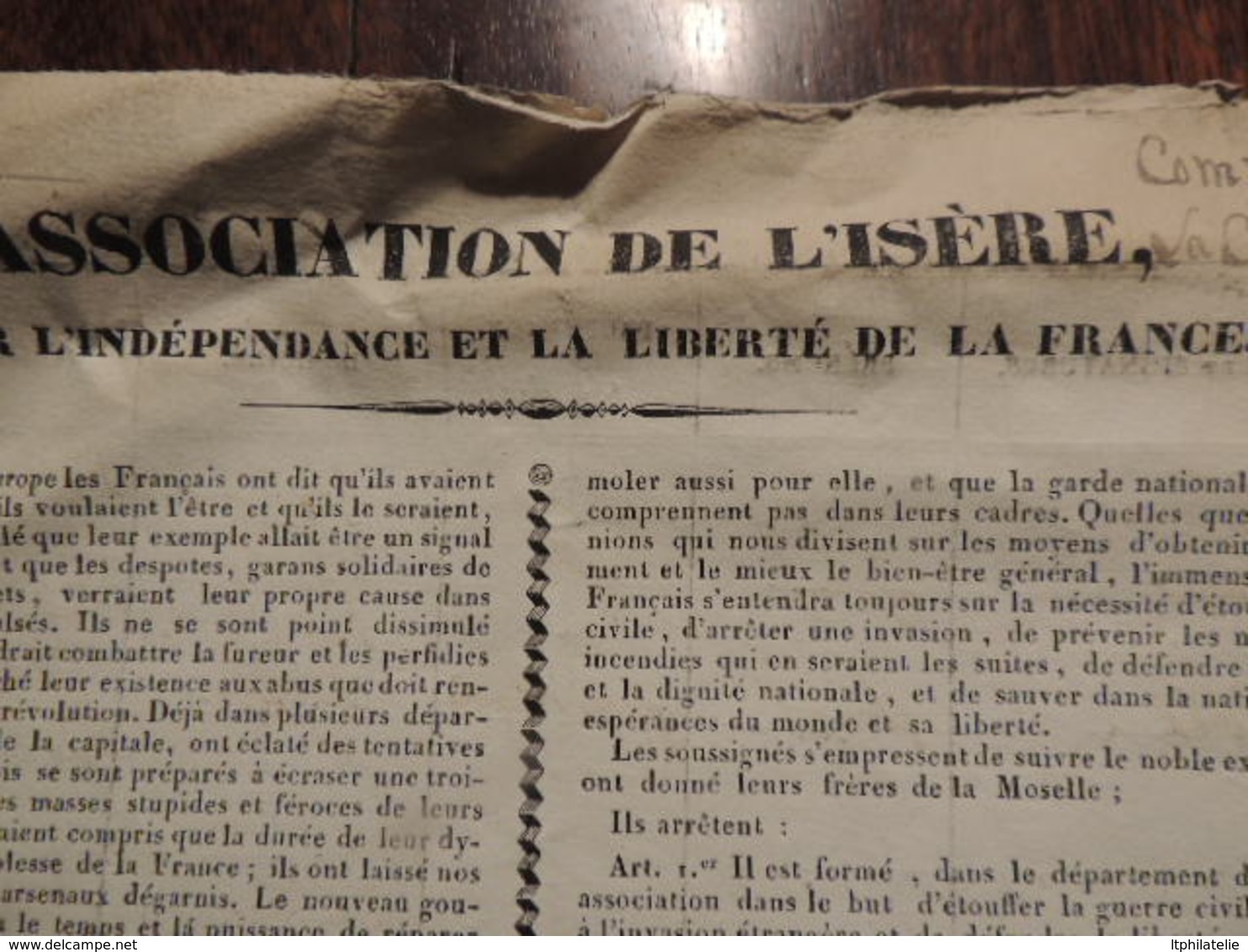 DOCUMENT HISTORIQUE 1831 (  LIRE TRES INTERESSANT TEXTE )  Côte St André  L INDEPENDANCE ET LA LIBERTE DE LA FRANCE - Documentos Históricos