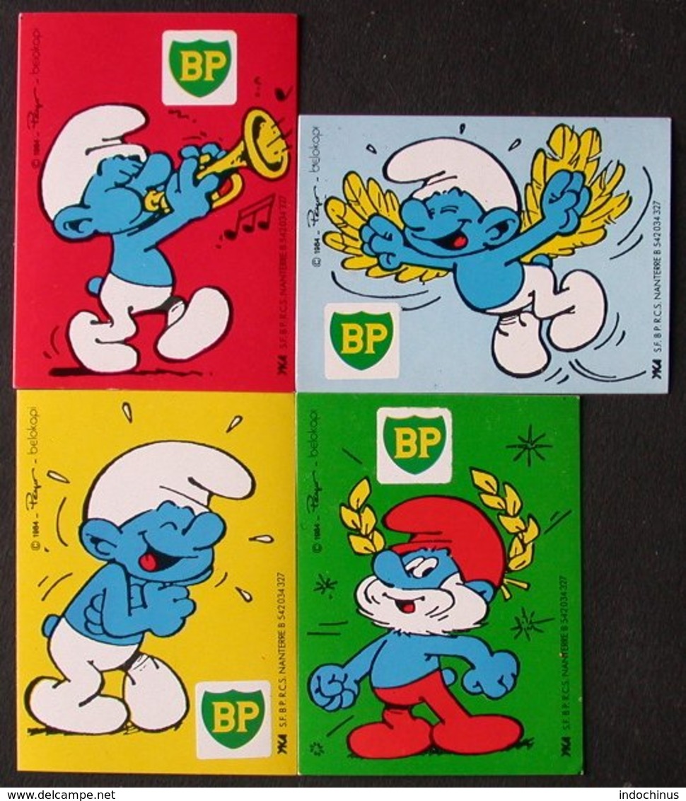 SCHTROUMPFS  SMURF   BP  Lot 4 Autocollants / Stickers  PEYO 1984 BELOKAPI  PORT  OFFERT - Schtroumpfs