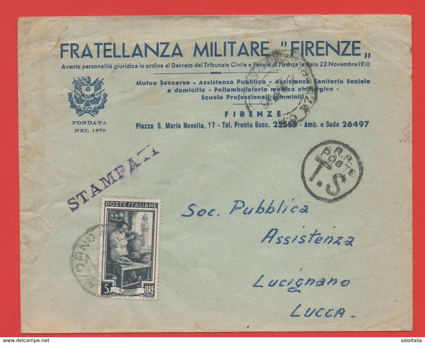 STORIA POSTALE 30.09.1953: Italia Al Lavoro Lire 5, Isolato Su Busta, Fratellanza Militare Firenze (92) - 1946-60: Marcophilia