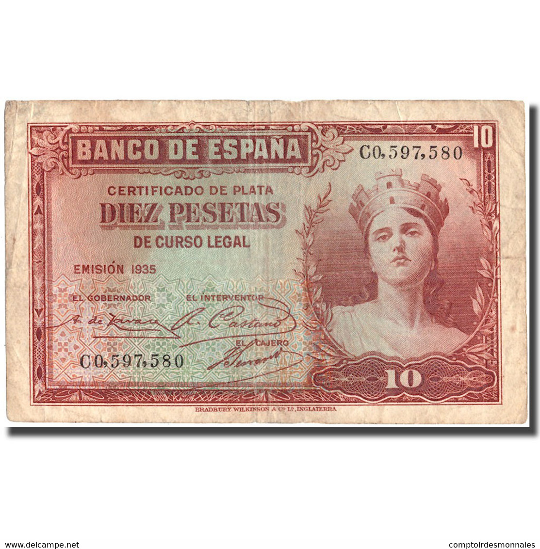 Billet, Espagne, 10 Pesetas, 1935, 1935, KM:86a, TB - 10 Pesetas