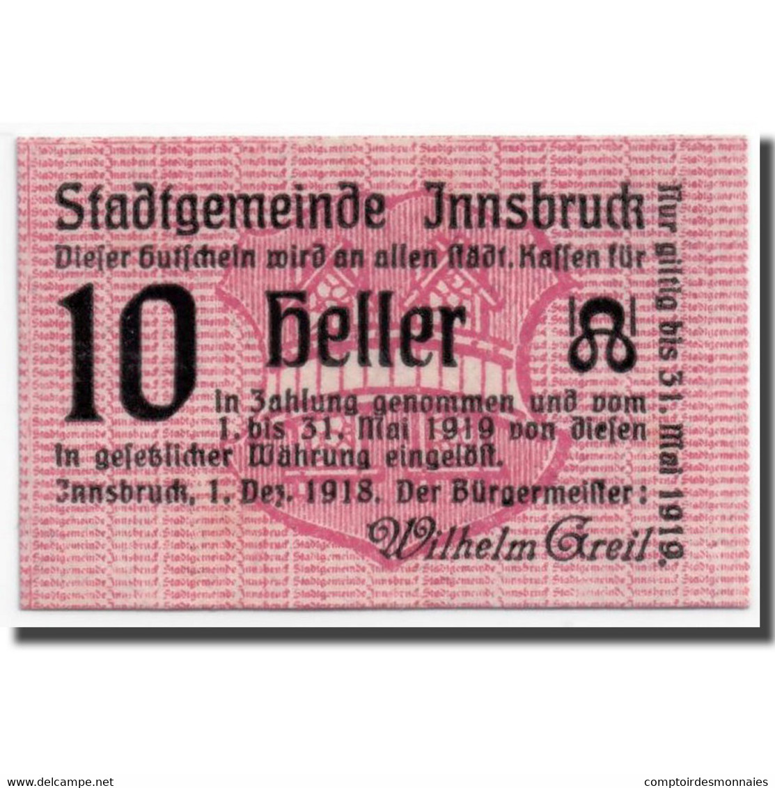 Billet, Autriche, Innsbruck, 10 Heller, Ecusson, 1918, 1918-12-01, SPL - Austria