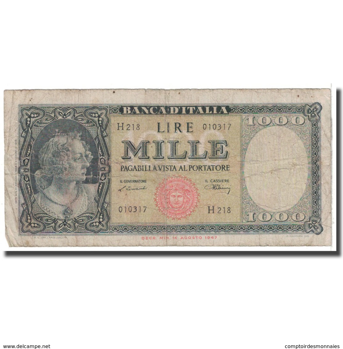 Billet, Italie, 1000 Lire, 1947, 1947-08-05, KM:72c, B - 1000 Lire