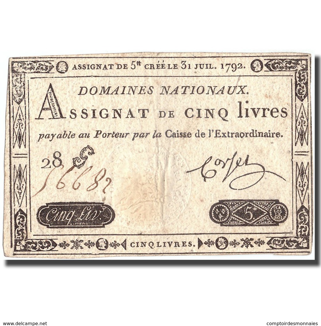 France, 5 Livres, 1792, 1792-07-31, TTB+, KM:A61 - Assignats