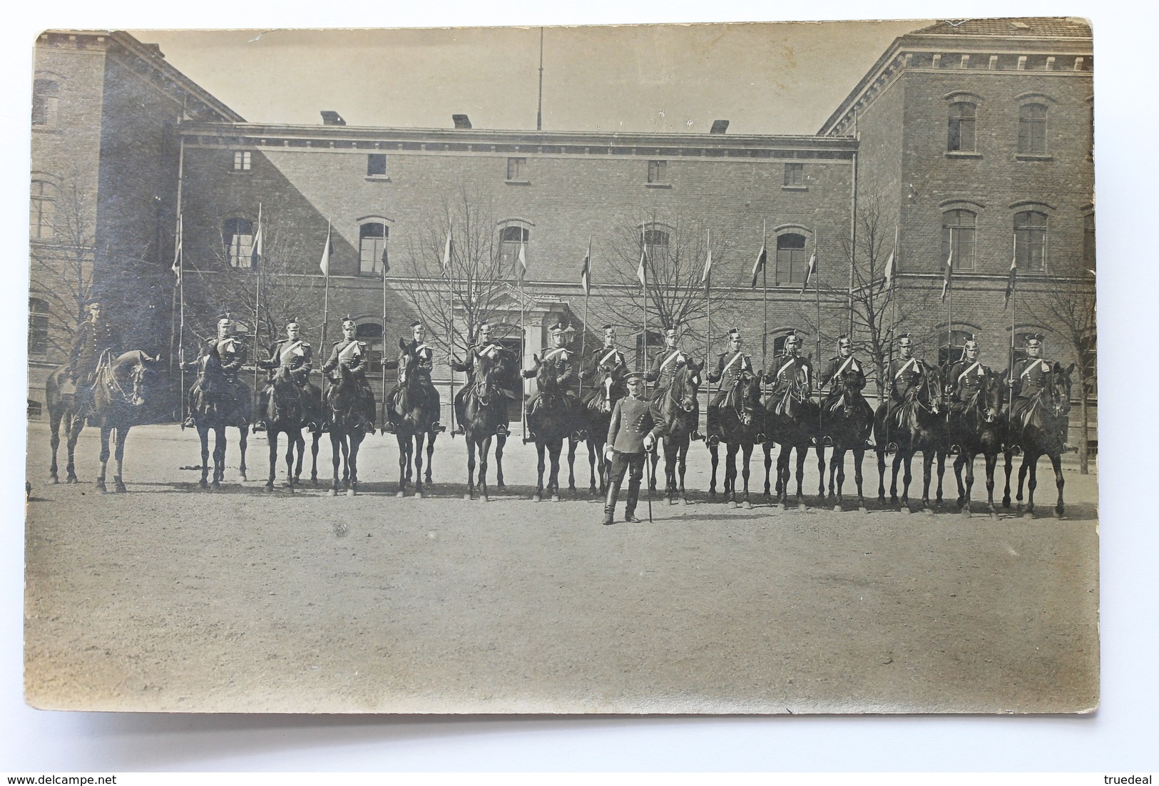 Cavalry Unit Posing In Front Of A Building Unidentified Old Real Photo Postcard, Military - To Identify