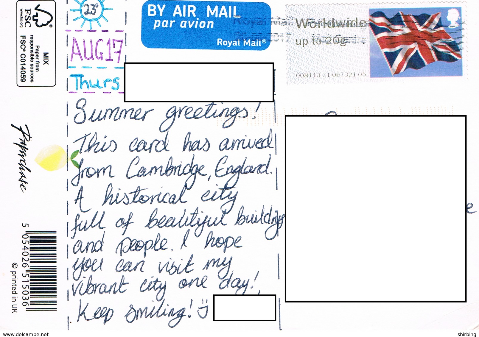 24H : United Kingdom Flag Prepaid Label Stamp Used On Lemon Slogan Postcard - Covers & Documents