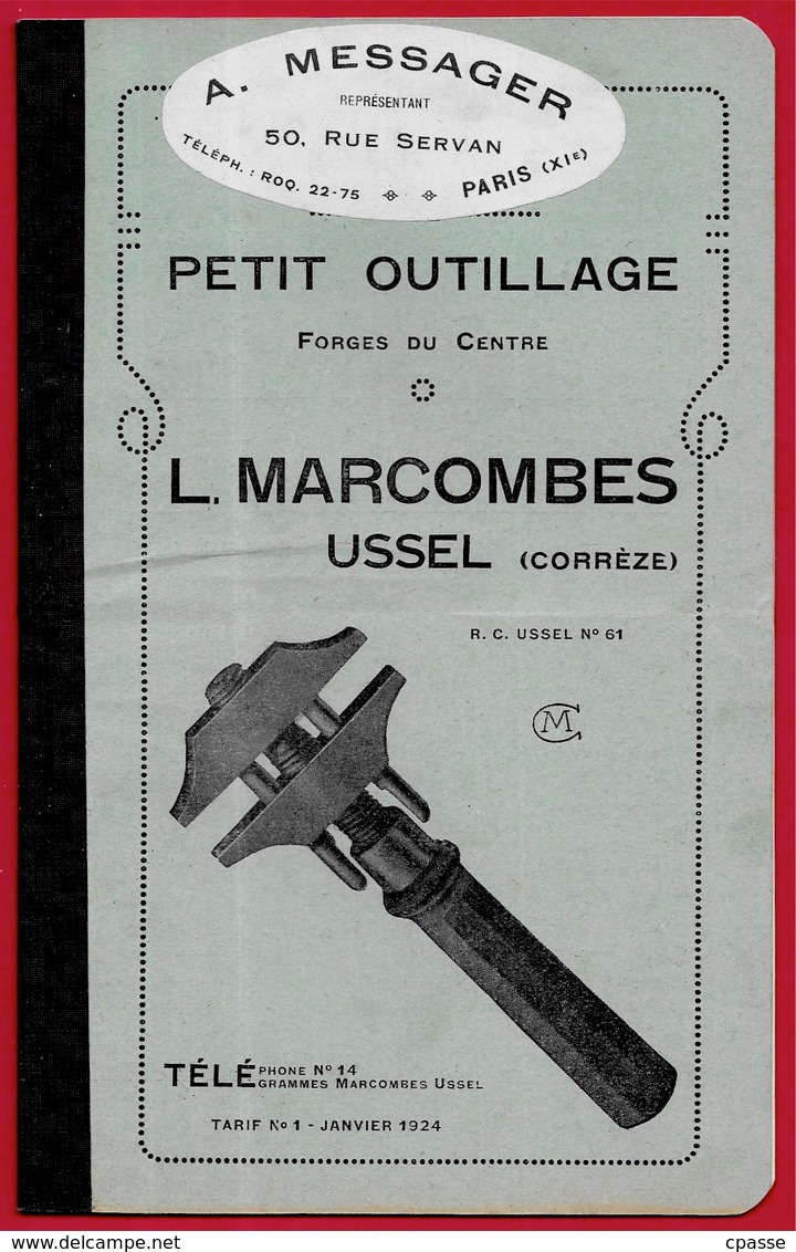 Tarif 1924 Petit Outillage L. MARCOMBES 19 USSEL Corrèze FORGES Du CENTRE Représentant A. Messager 75011 Paris - Matériel Et Accessoires