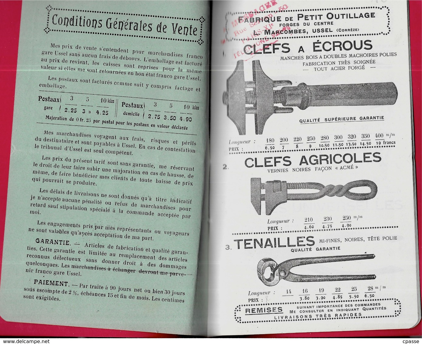 Tarif 1924 Petit Outillage L. MARCOMBES 19 USSEL Corrèze FORGES Du CENTRE Représentant A. Messager 75011 Paris - Matériel Et Accessoires