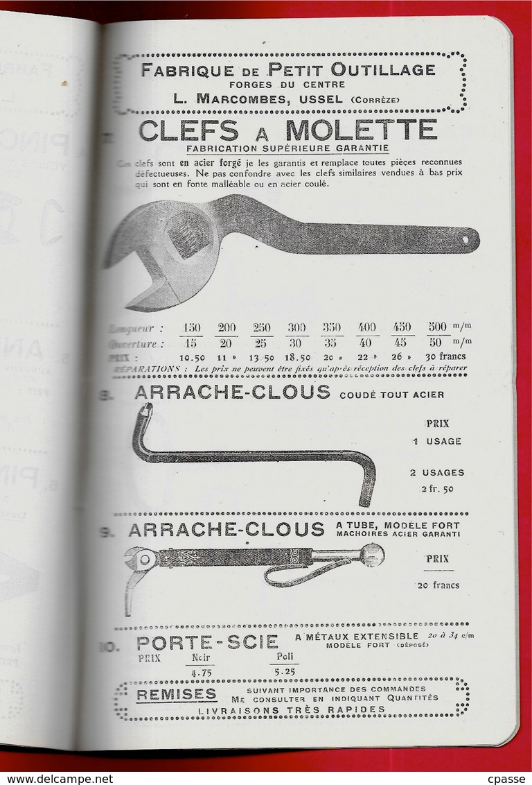 Tarif 1924 Petit Outillage L. MARCOMBES 19 USSEL Corrèze FORGES du CENTRE représentant A. Messager 75011 Paris