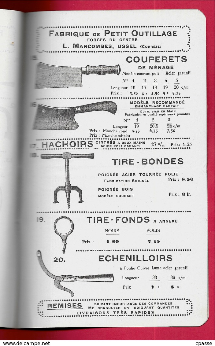 Tarif 1924 Petit Outillage L. MARCOMBES 19 USSEL Corrèze FORGES du CENTRE représentant A. Messager 75011 Paris