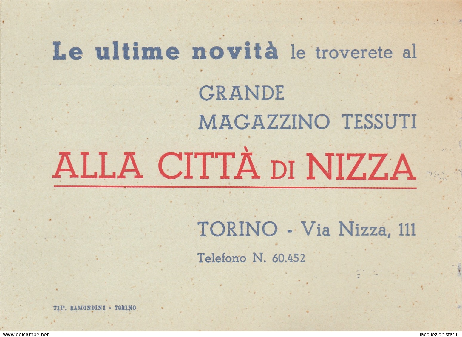 9362-CARTONCINO PUBBL. GRANDE MAGAZZINO TESSUTI "ALLA CITTA' DI NIZZA"-TORINO - Werbung