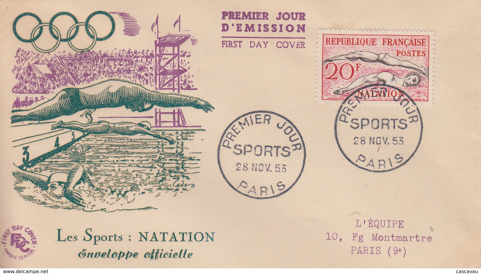 Enveloppe  FDC  1er  Jour   FRANCE   SPORTS  :  Natation    1953 - 1950-1959